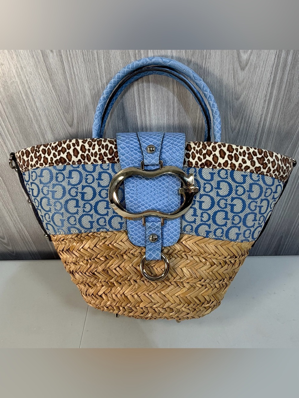 Vintage Guess Y2K Blue Silver Logo Straw Tote Raffia Leopard Trim Resortwear Bag